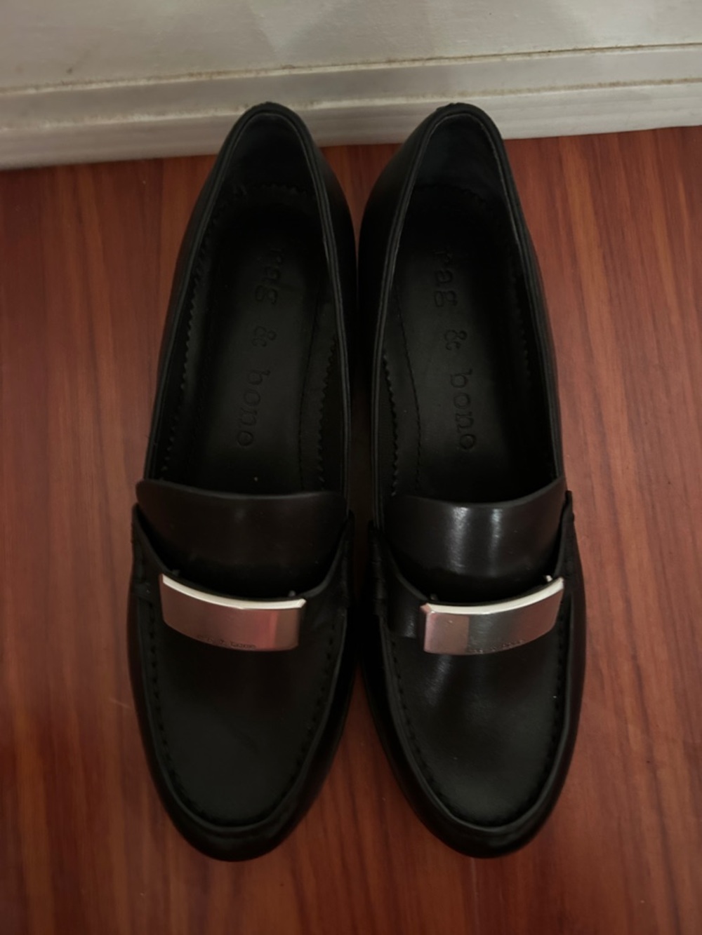 rag & bone Black Leather Penny Loafers with Silver Plaque - Picture 4 of 8